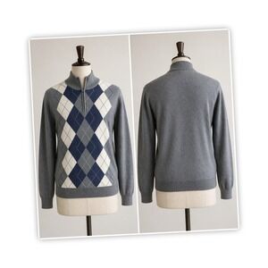 Oak Hill Men's 3XL Argyle Quarter Zip Sweater Gray Navy 100% Cotton Big & Tall